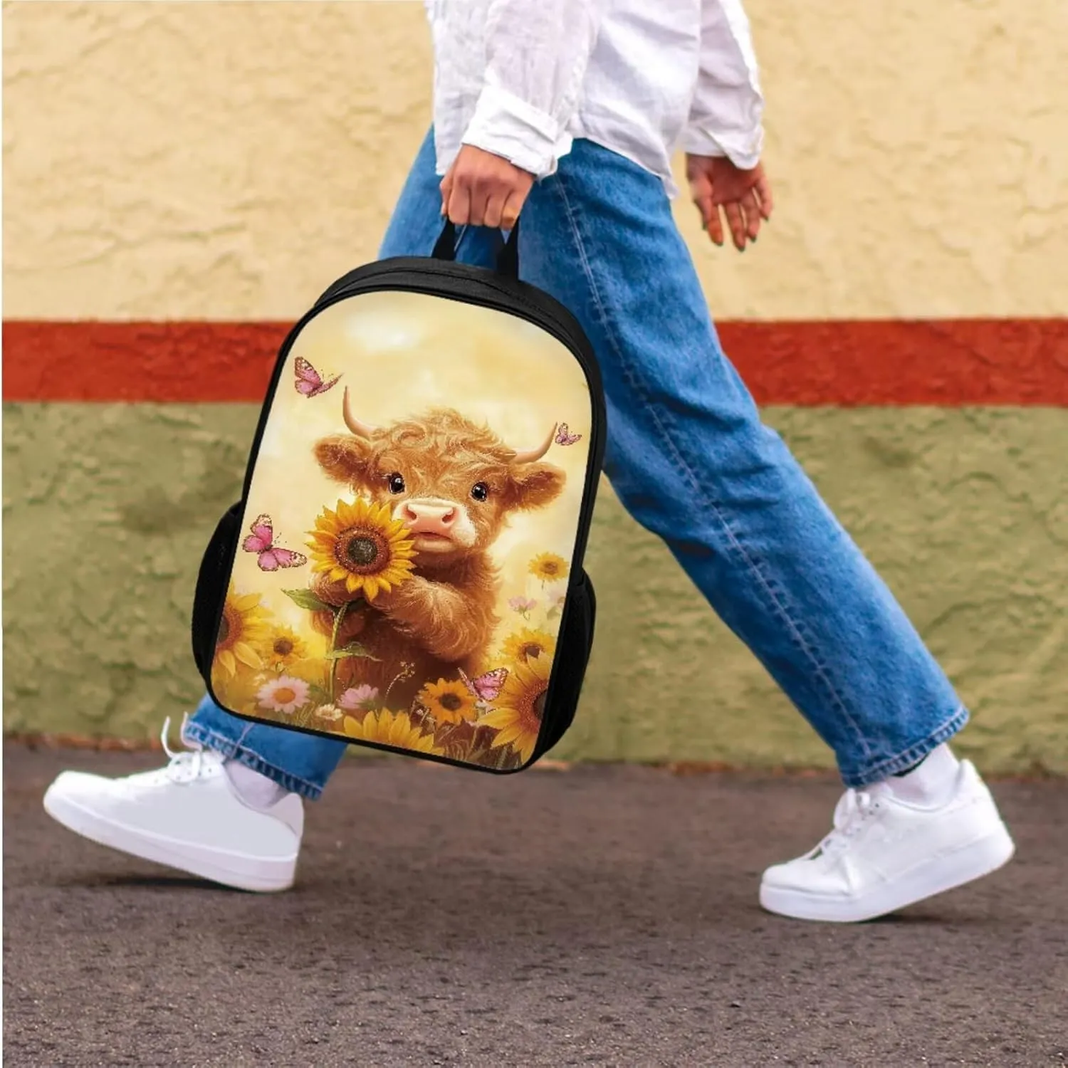 Bulopur Highland Cow Backpack Set for Middle School Girls Sunflower School Bag Travel Knapsack Rucksack Shoulder Crossbody Lunch Bag with Thermal Insulated Pen Carrying Case, 3 Pack