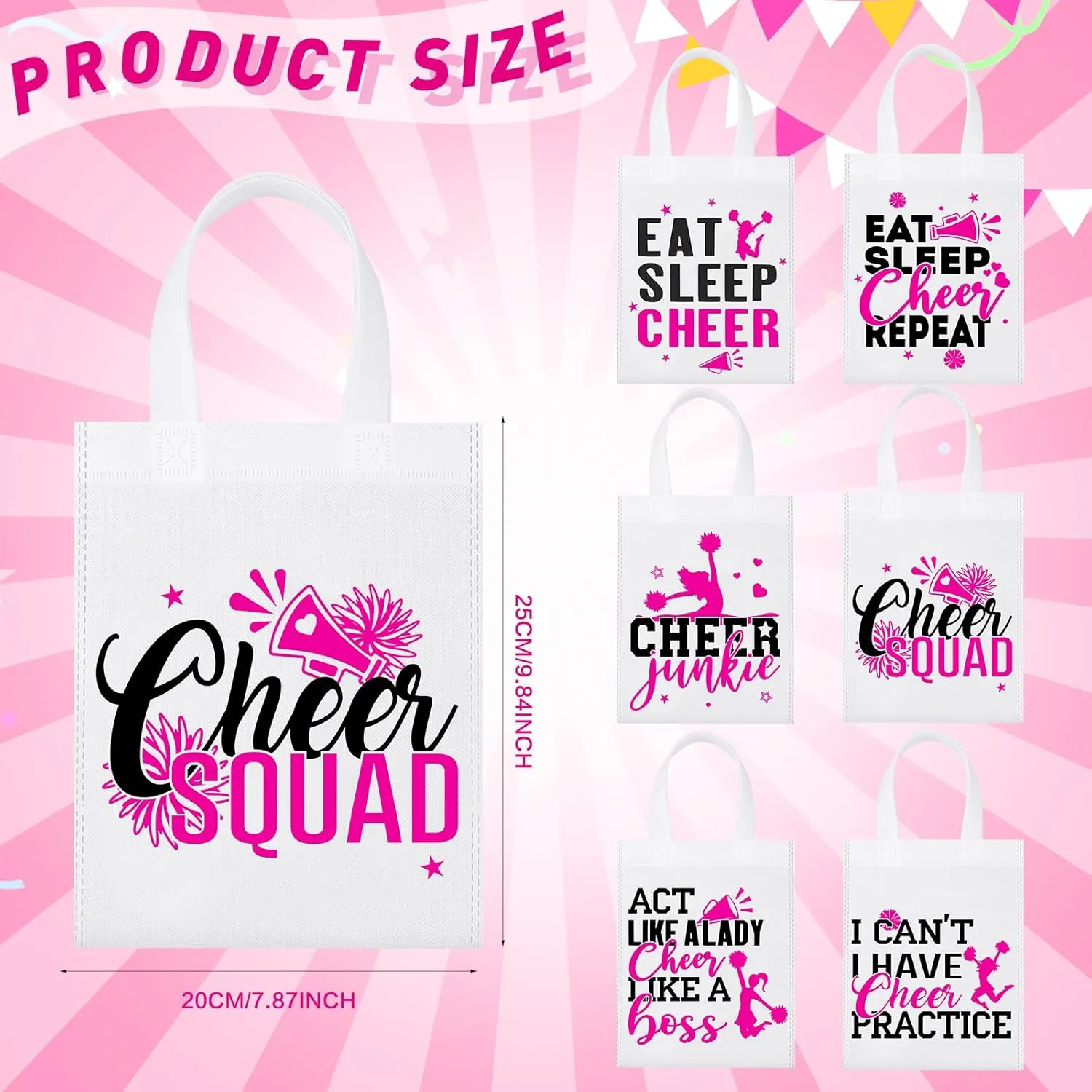 Buryeah 24 Pcs Cheer Bag Cheerleaders Bulk Cheerleading Gift Goodie Snack Treat Non Woven Eat Sleep Cheer Bag for women(White)