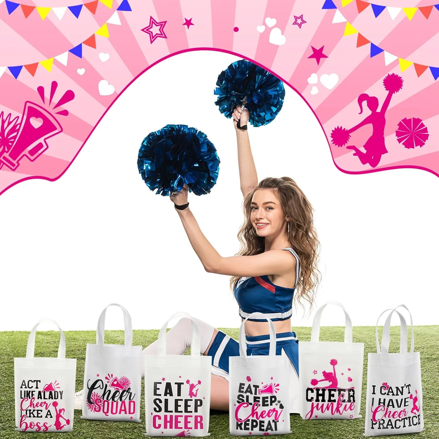 Buryeah 24 Pcs Cheer Bag Cheerleaders Bulk Cheerleading Gift Goodie Snack Treat Non Woven Eat Sleep Cheer Bag for women(White)