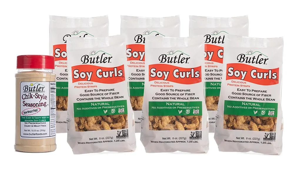 Butler Soy Curls 6 Pack - 6x 8 oz bags   10.35 oz Chik-Style Seasoning