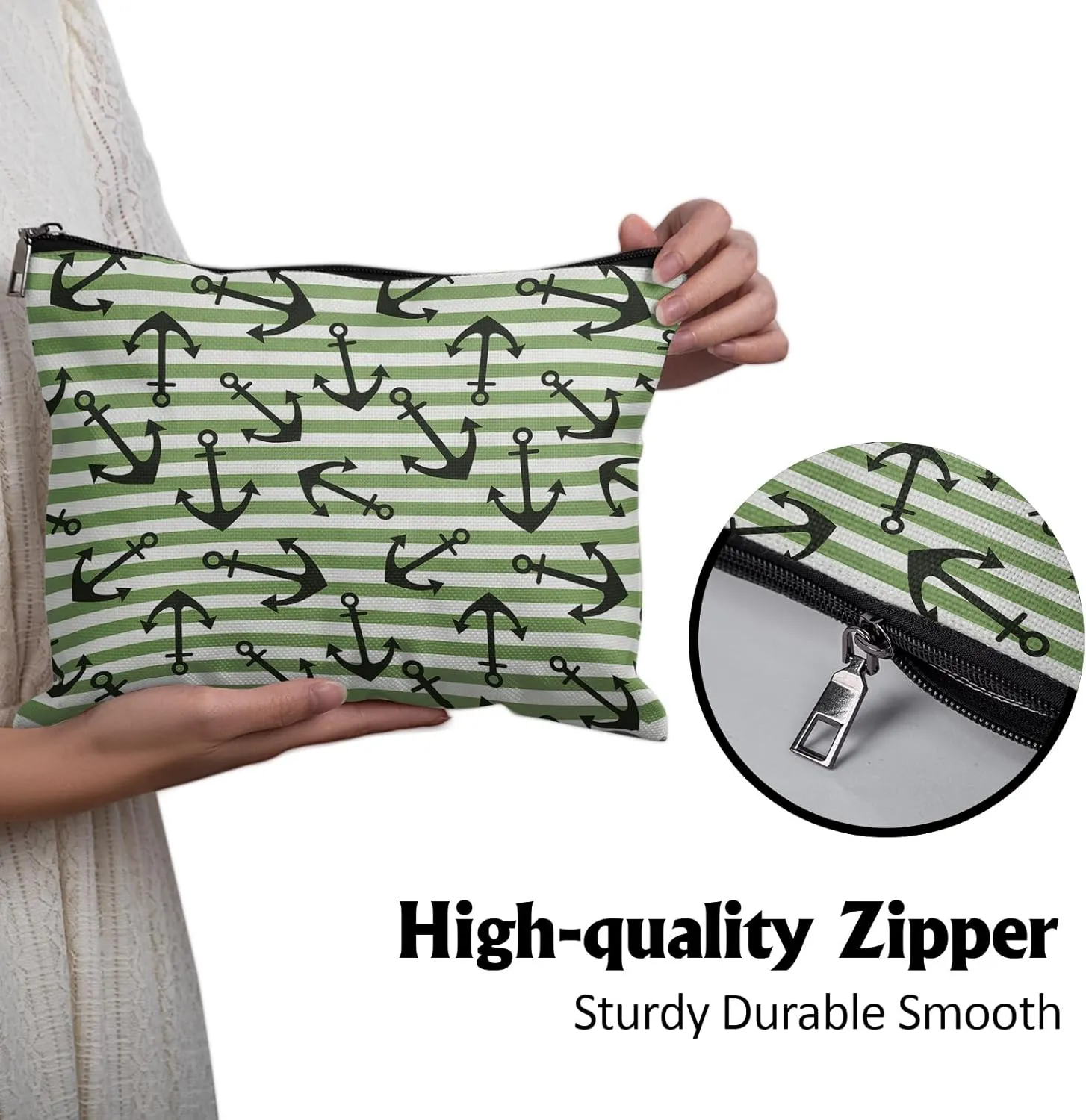 Cafl Nautical Anchor Makeup Bag Stripe Cosmetic Bag for Women Large Capacity Make Up Bag Portable Travel Toiletry Pouch Organizer 10 * 8inch