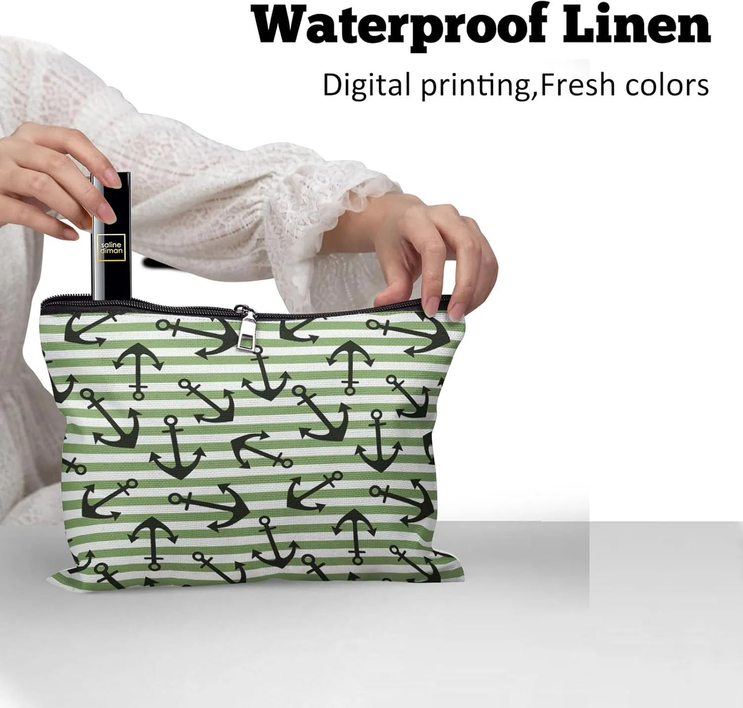 Cafl Nautical Anchor Makeup Bag Stripe Cosmetic Bag for Women Large Capacity Make Up Bag Portable Travel Toiletry Pouch Organizer 10 * 8inch