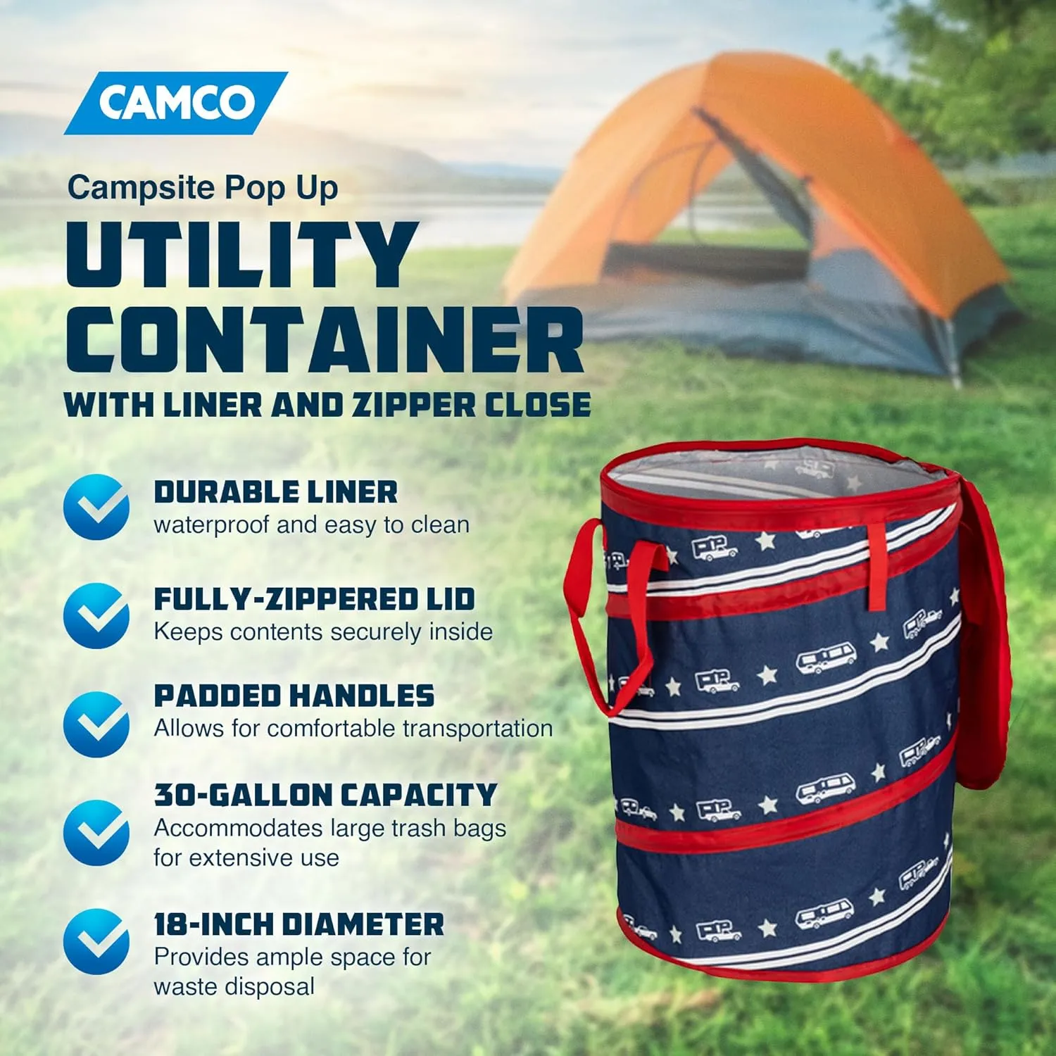 Camco Campsite Pop Up Utility Container with Liner and Zipper Close Lid for RV Storage, Laundry Hampers, and Organization, Patriotic
