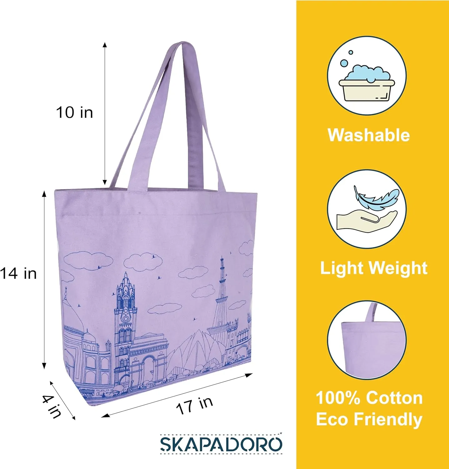 Canvas Big Zip Printed Handbag Tote, Cotton, Inner Pocket, Ecofriendly Bags for Women, Shopping Bag, Easy to Wash