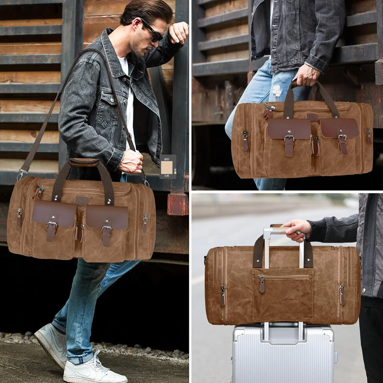 Canvas Duffle Bag for Men 60L Travel Duffel Bags Expandable Genuine Leather Duffel Overnight Weekender Carry On Bag Two Zipper Pockets Travel Bag (Vintage Dark Brown, X Large-60L)