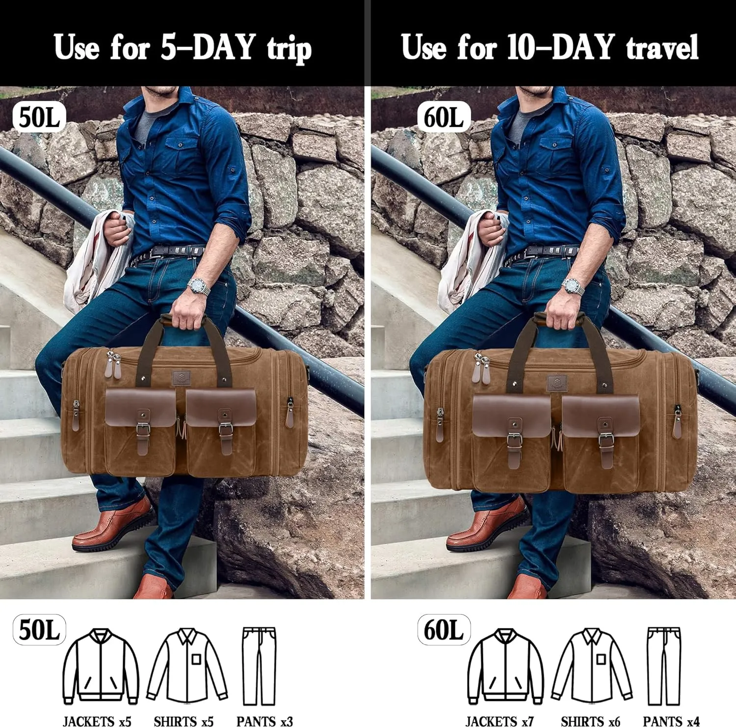 Canvas Duffle Bag for Men 60L Travel Duffel Bags Expandable Genuine Leather Duffel Overnight Weekender Carry On Bag Two Zipper Pockets Travel Bag (Vintage Dark Brown, X Large-60L)