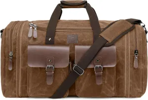 Canvas Duffle Bag for Men 60L Travel Duffel Bags Expandable Genuine Leather Duffel Overnight Weekender Carry On Bag Two Zipper Pockets Travel Bag (Vintage Dark Brown, X Large-60L)