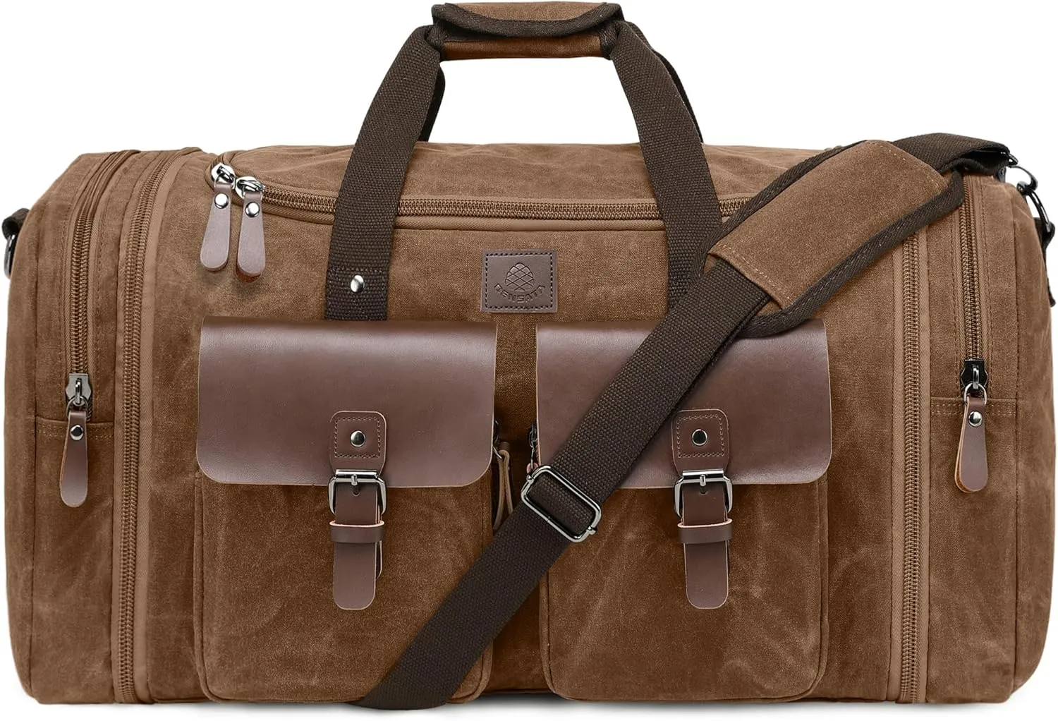 Canvas Duffle Bag for Men 60L Travel Duffel Bags Expandable Genuine Leather Duffel Overnight Weekender Carry On Bag Two Zipper Pockets Travel Bag (Vintage Dark Brown, X Large-60L)