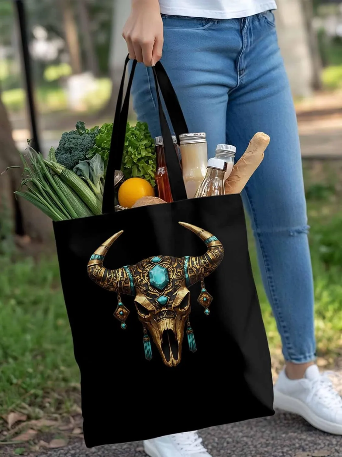 Canvas Tote Bag, Boho Cow Skull Print Aesthetic Canvas Tote Handbags for Women Shoulder Bag,