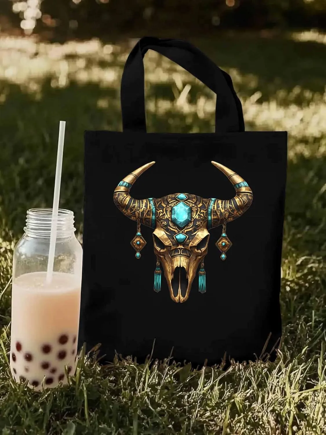 Canvas Tote Bag, Boho Cow Skull Print Aesthetic Canvas Tote Handbags for Women Shoulder Bag,
