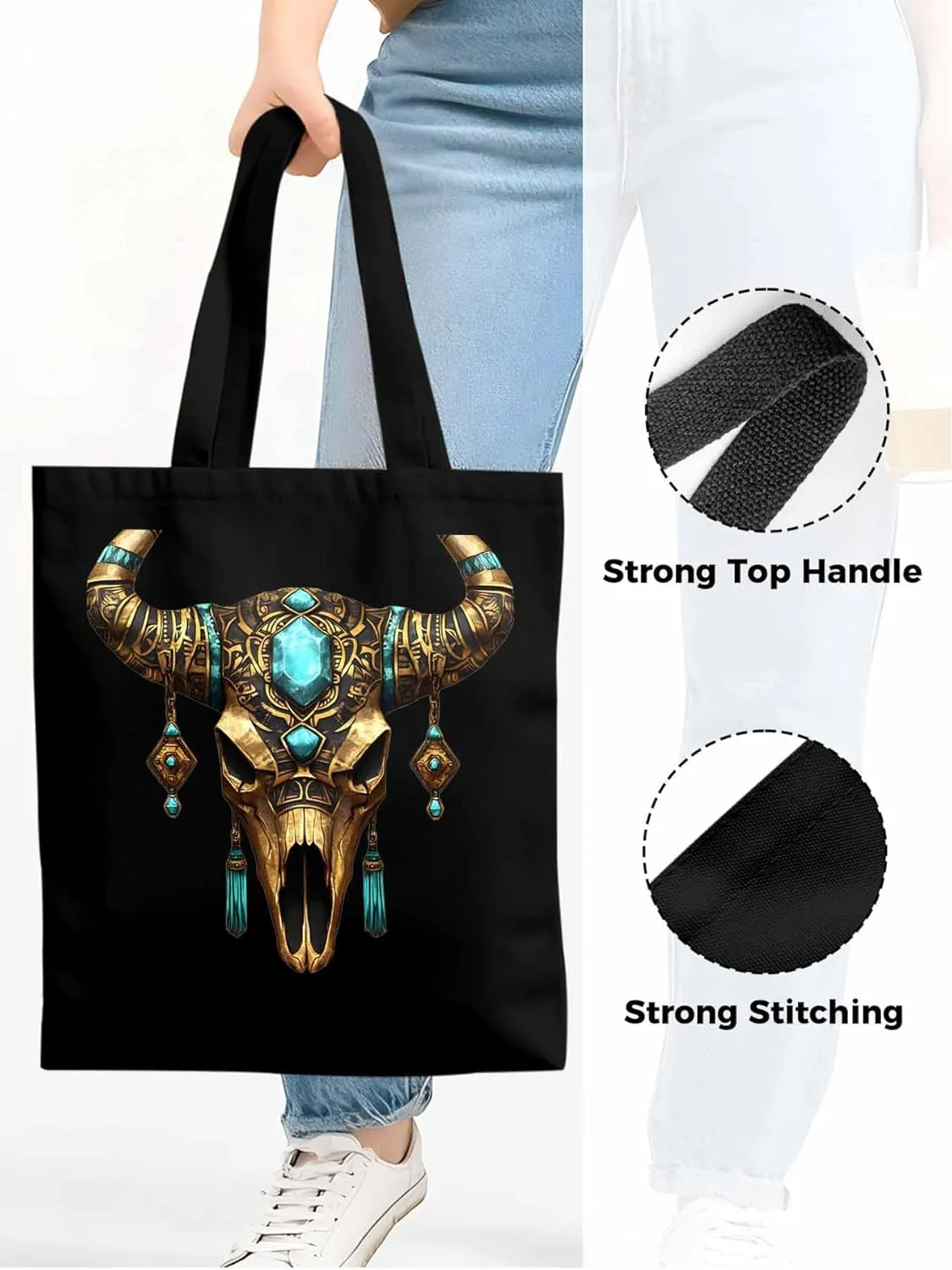 Canvas Tote Bag, Boho Cow Skull Print Aesthetic Canvas Tote Handbags for Women Shoulder Bag,
