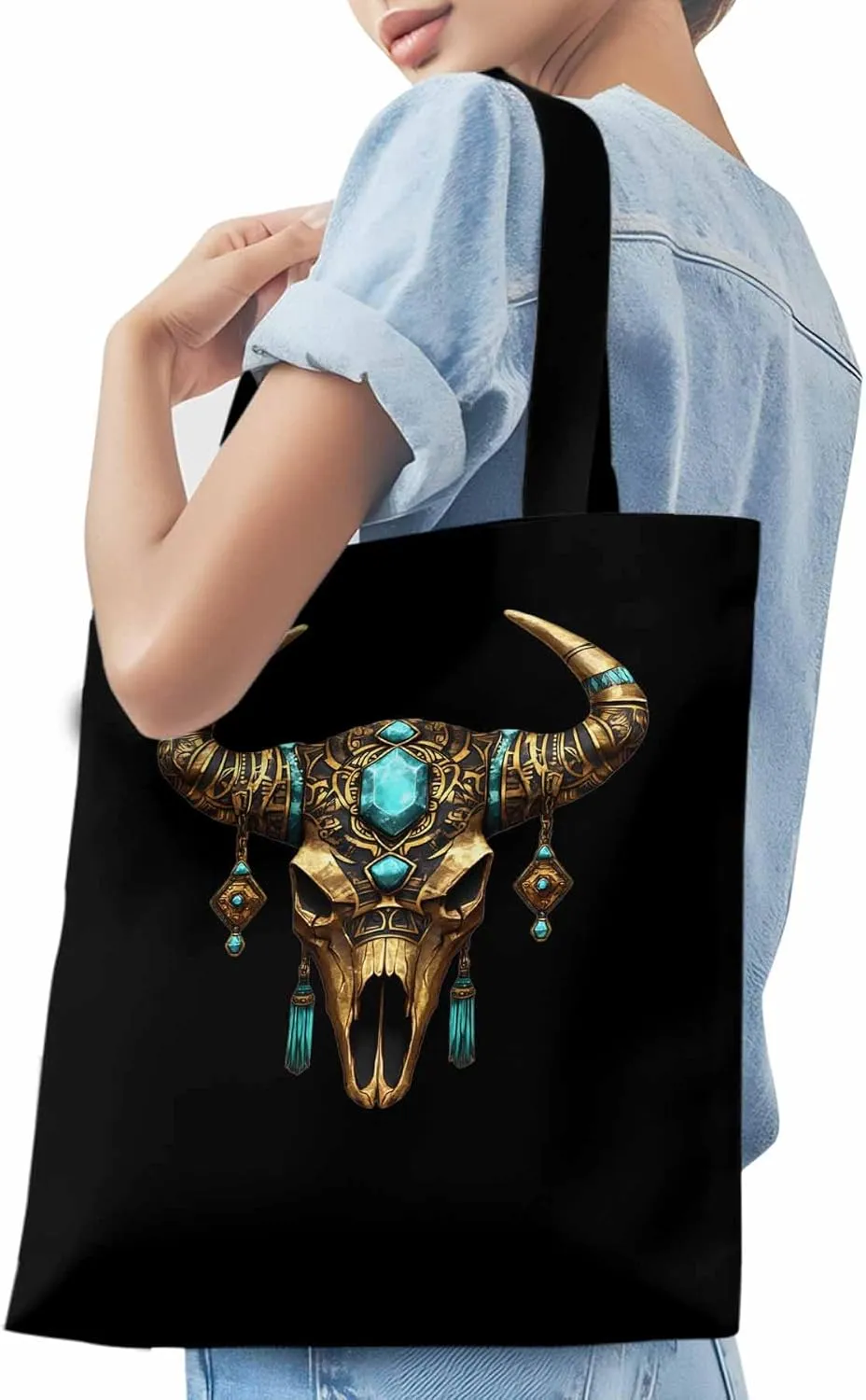 Canvas Tote Bag, Boho Cow Skull Print Aesthetic Canvas Tote Handbags for Women Shoulder Bag,