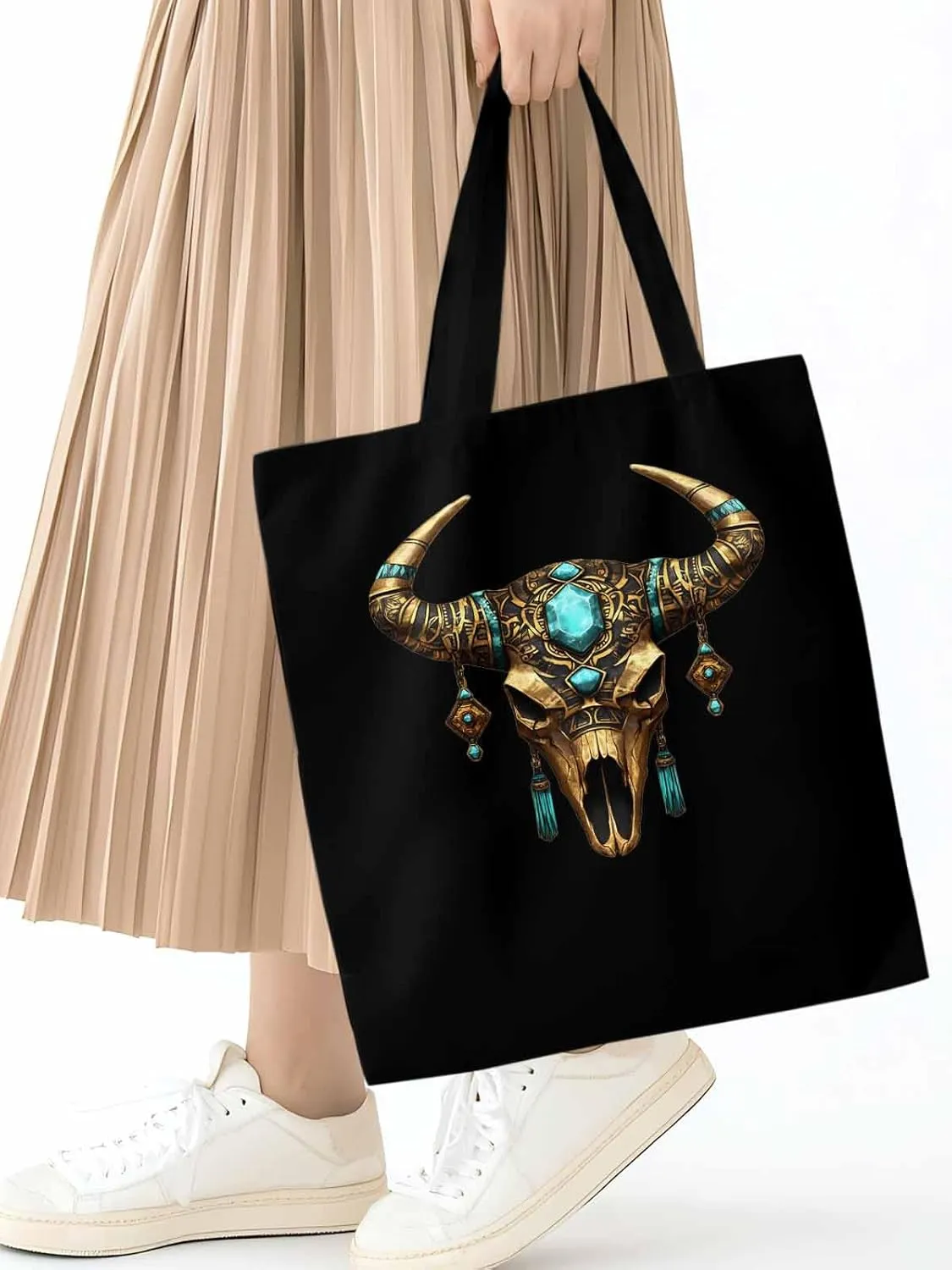 Canvas Tote Bag, Boho Cow Skull Print Aesthetic Canvas Tote Handbags for Women Shoulder Bag,