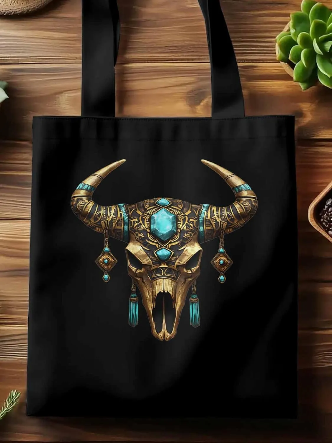 Canvas Tote Bag, Boho Cow Skull Print Aesthetic Canvas Tote Handbags for Women Shoulder Bag,