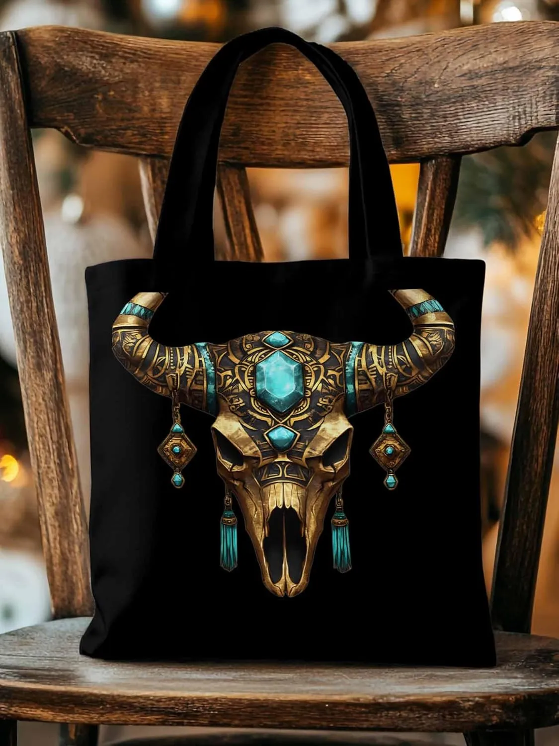 Canvas Tote Bag, Boho Cow Skull Print Aesthetic Canvas Tote Handbags for Women Shoulder Bag,