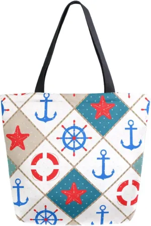 Canvas Tote Bag Nautical Sea Anchor Women Shoulder Bag Wheel Summer Reusable Grocery Bags Large Handbag Travel Shopping Bag for School Nursing Gift Outdoors