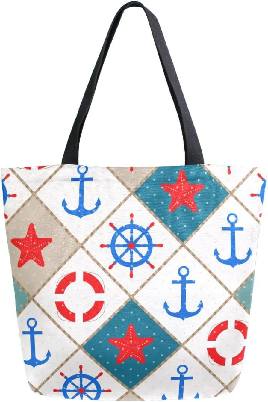 Canvas Tote Bag Nautical Sea Anchor Women Shoulder Bag Wheel Summer Reusable Grocery Bags Large Handbag Travel Shopping Bag for School Nursing Gift Outdoors