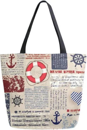 Canvas Tote Bag Retro Summer Anchor Women Shoulder Bag Newspaper Nautical Wheels Hearts Reusable Grocery Bags Large Handbag Travel Shopping Bag for School Nursing Gift Outdoors