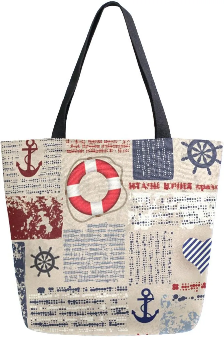 Canvas Tote Bag Retro Summer Anchor Women Shoulder Bag Newspaper Nautical Wheels Hearts Reusable Grocery Bags Large Handbag Travel Shopping Bag for School Nursing Gift Outdoors