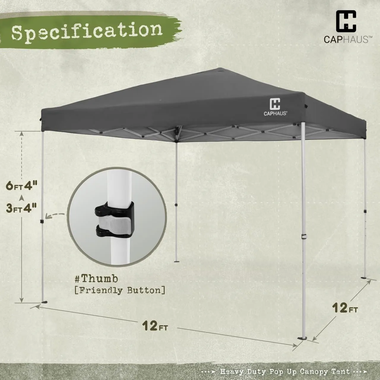 CAPHAUS 12ft x 12ft Patented One-Push Pop Up Outdoor Canopy Tent, Heavy-Duty Commercial Grade w/Central Lock, Portable and Instant Folding Shelter with Wheeled Carry Bag and Weight Bag, Dark Grey