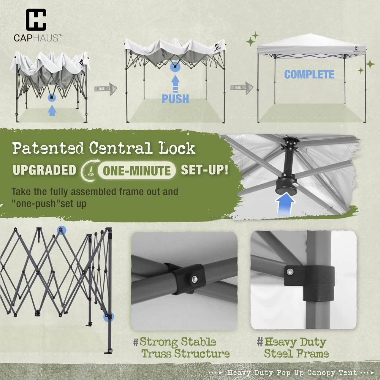 CAPHAUS Patented One-Push Pop Up Outdoor Canopy Tent, Heavy-Duty Commercial Grade w/Central Lock, Portable and Instant Folding Shelter with Wheeled Carry Bag and Weight Bag, 10ft x 10ft, White