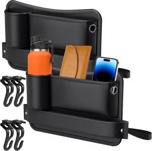 Car Seat Gap Organizer 2-Pack, Features a Cup Holder Design with a Leather Cup Holder Compartment for Drinks, Phones, and Cards, Equipped with 4 Multi-Functional Hooks, Unisex car Storage Accessories