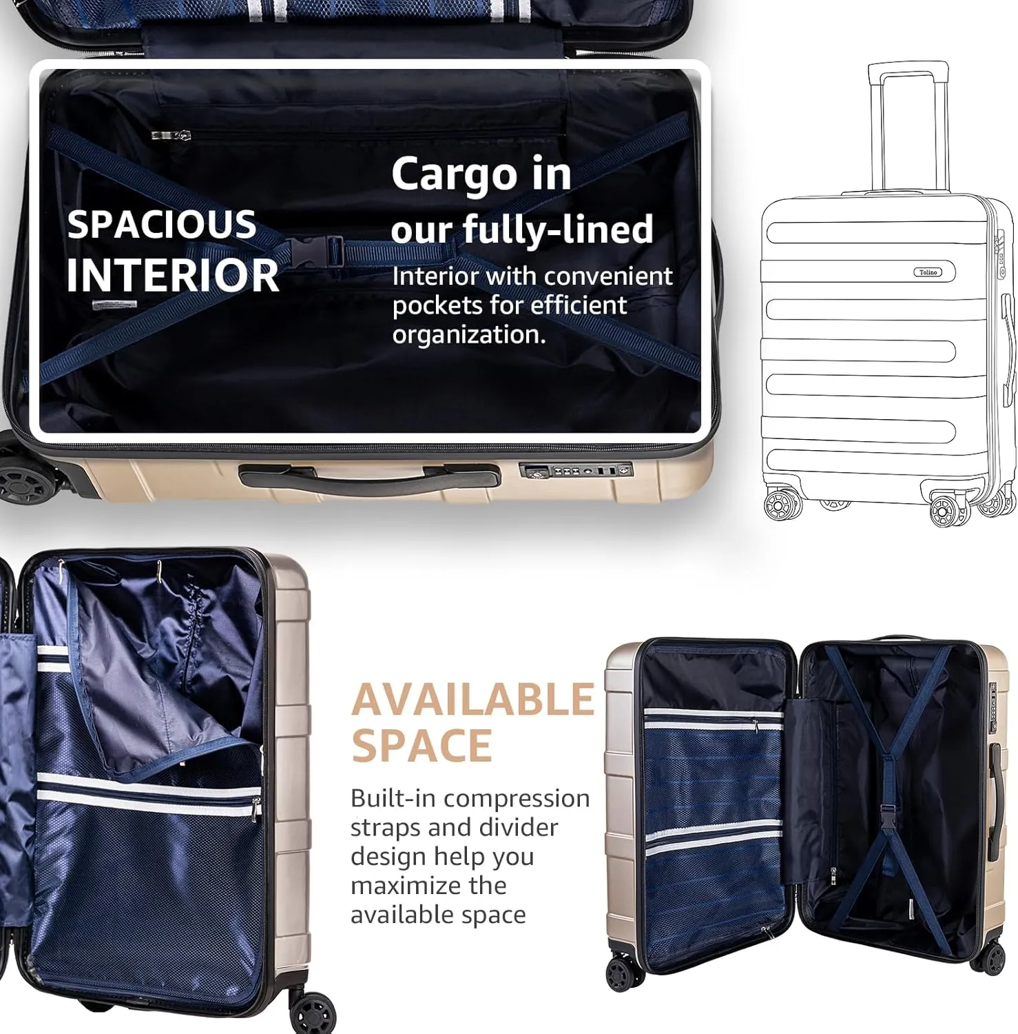 Carry-on Luggage with Spinner Wheels,Suitcases PC ABS Hard Shell - 20in TSA Lock Lightweight Carry on