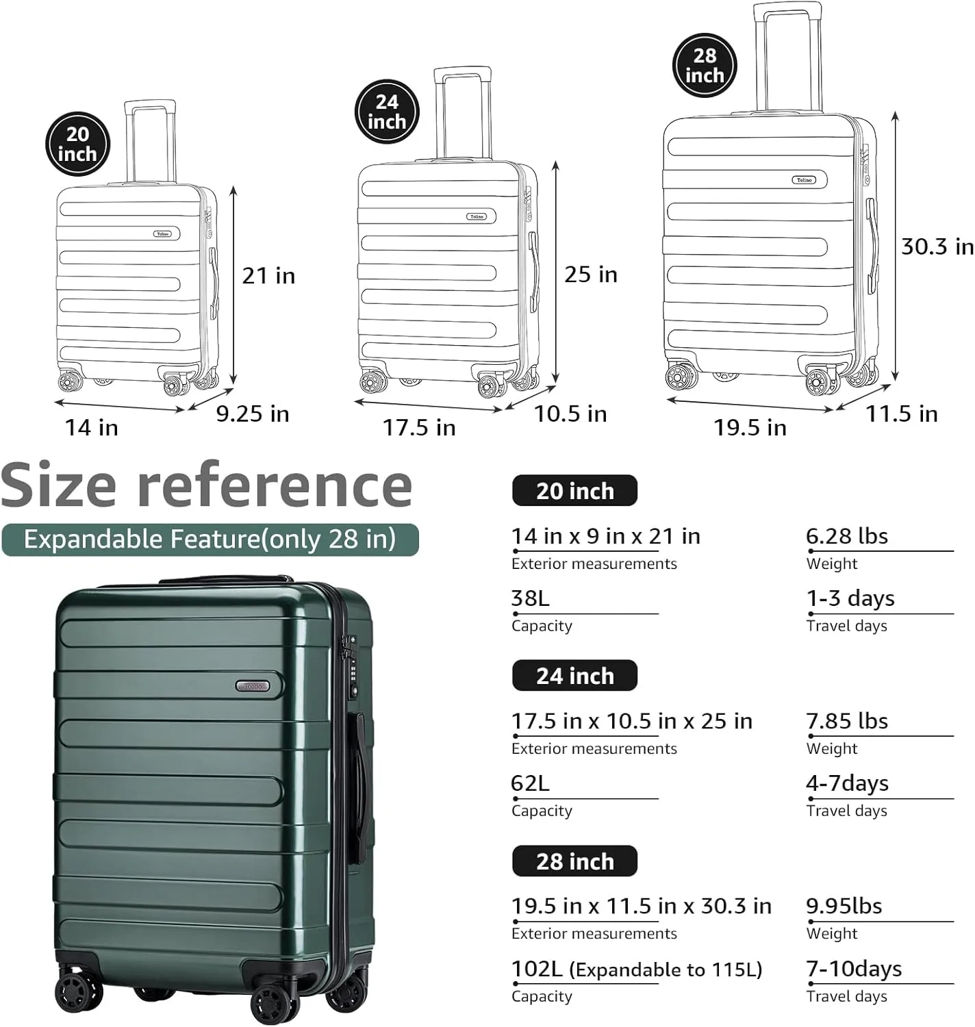 Carry-on Luggage with Spinner Wheels,Suitcases PC ABS Hard Shell - 20in TSA Lock Lightweight Carry on