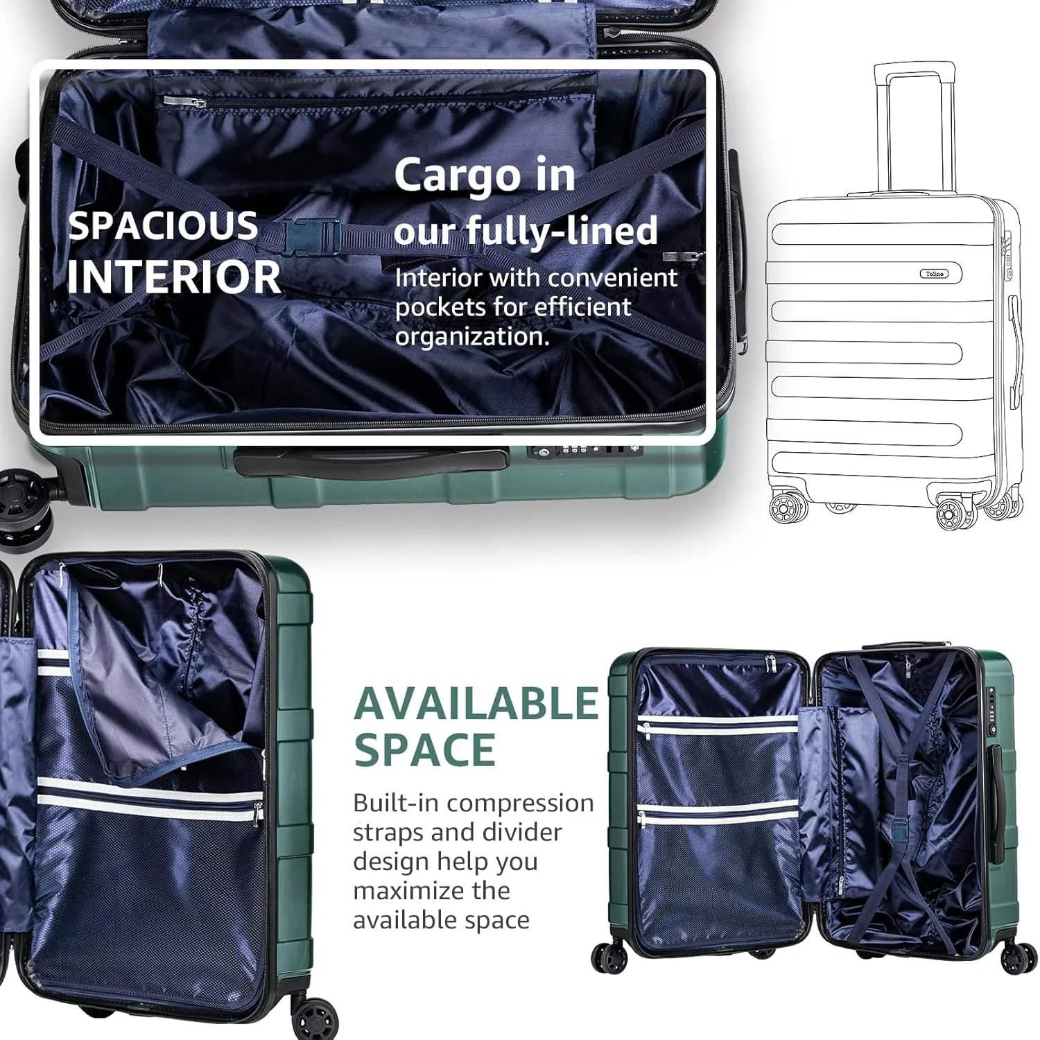 Carry-on Luggage with Spinner Wheels,Suitcases PC ABS Hard Shell - 20in TSA Lock Lightweight Carry on