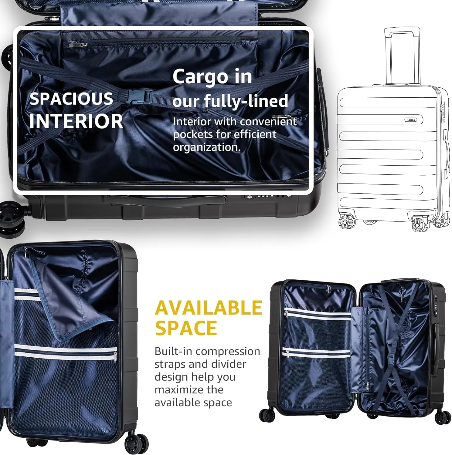 Carry-on Luggage with Spinner Wheels,Suitcases PC ABS Hard Shell - 20in TSA Lock Lightweight Carry on