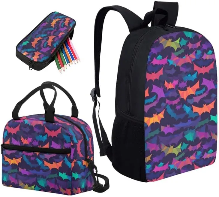 Cartoon Bat 3 In 1 Backpack Lunch Bag Pencil Case Set for Boys, Halloween Bats 17in Large School Bag for Elementary School Students, Creativity Origami Bat Rucksack
