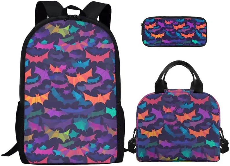 Cartoon Bat 3 In 1 Backpack Lunch Bag Pencil Case Set for Boys, Halloween Bats 17in Large School Bag for Elementary School Students, Creativity Origami Bat Rucksack
