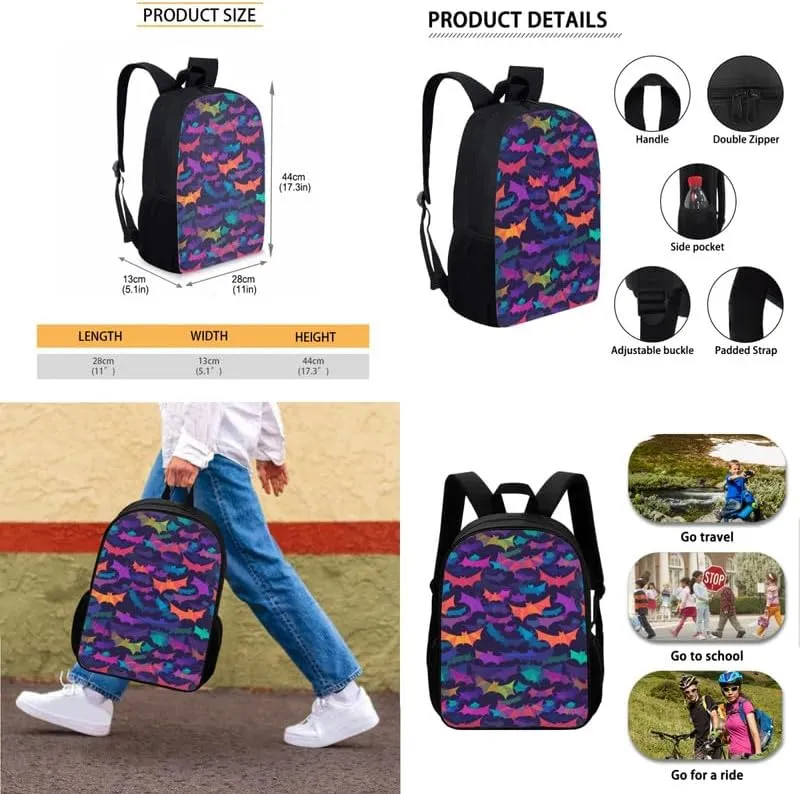Cartoon Bat 3 In 1 Backpack Lunch Bag Pencil Case Set for Boys, Halloween Bats 17in Large School Bag for Elementary School Students, Creativity Origami Bat Rucksack
