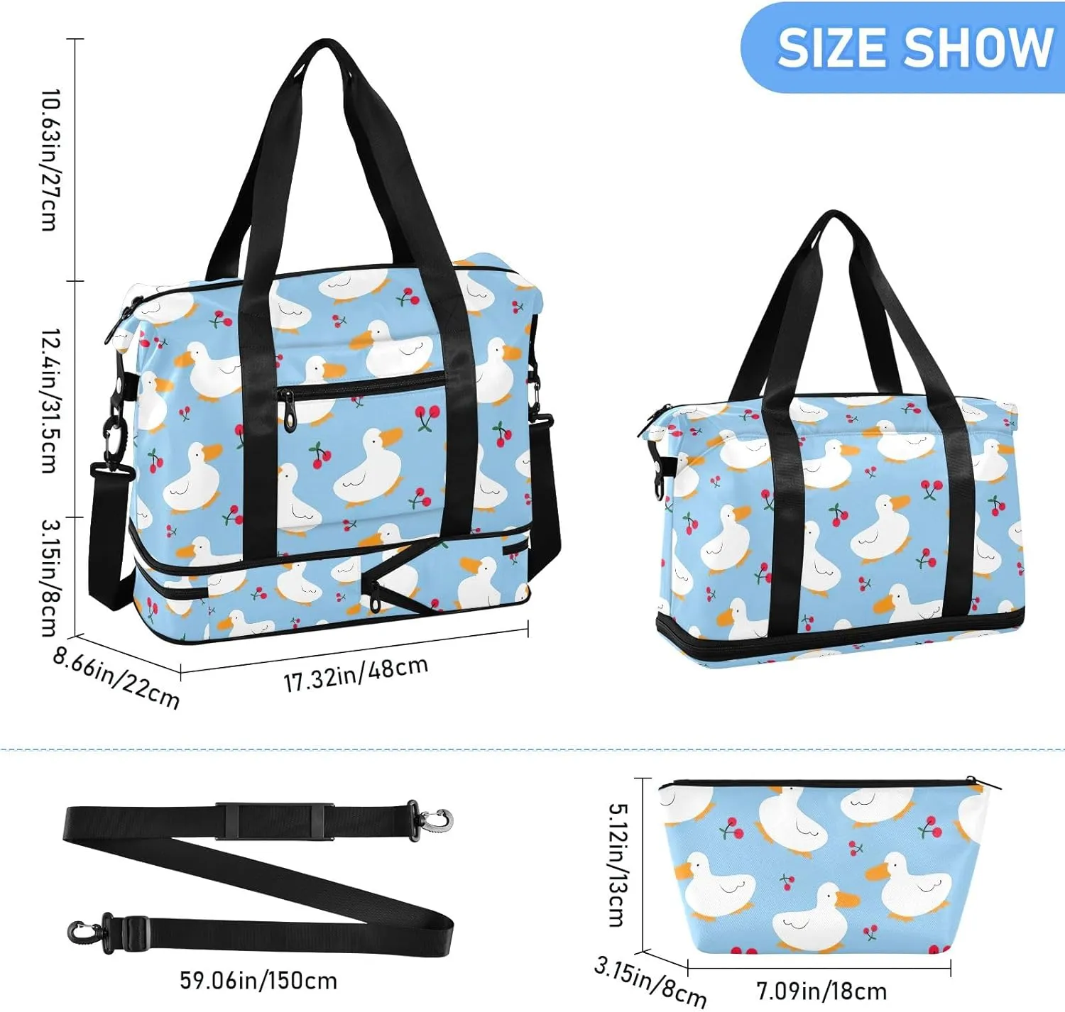 Cartoon Duck Cherry Design Travel Duffle Bag Waterproof Gym Duffel Bag, Weekender Bags for Women with Dry and Wet Separation