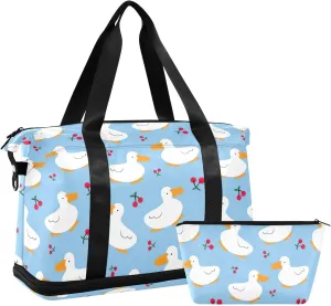 Cartoon Duck Cherry Design Travel Duffle Bag Waterproof Gym Duffel Bag, Weekender Bags for Women with Dry and Wet Separation