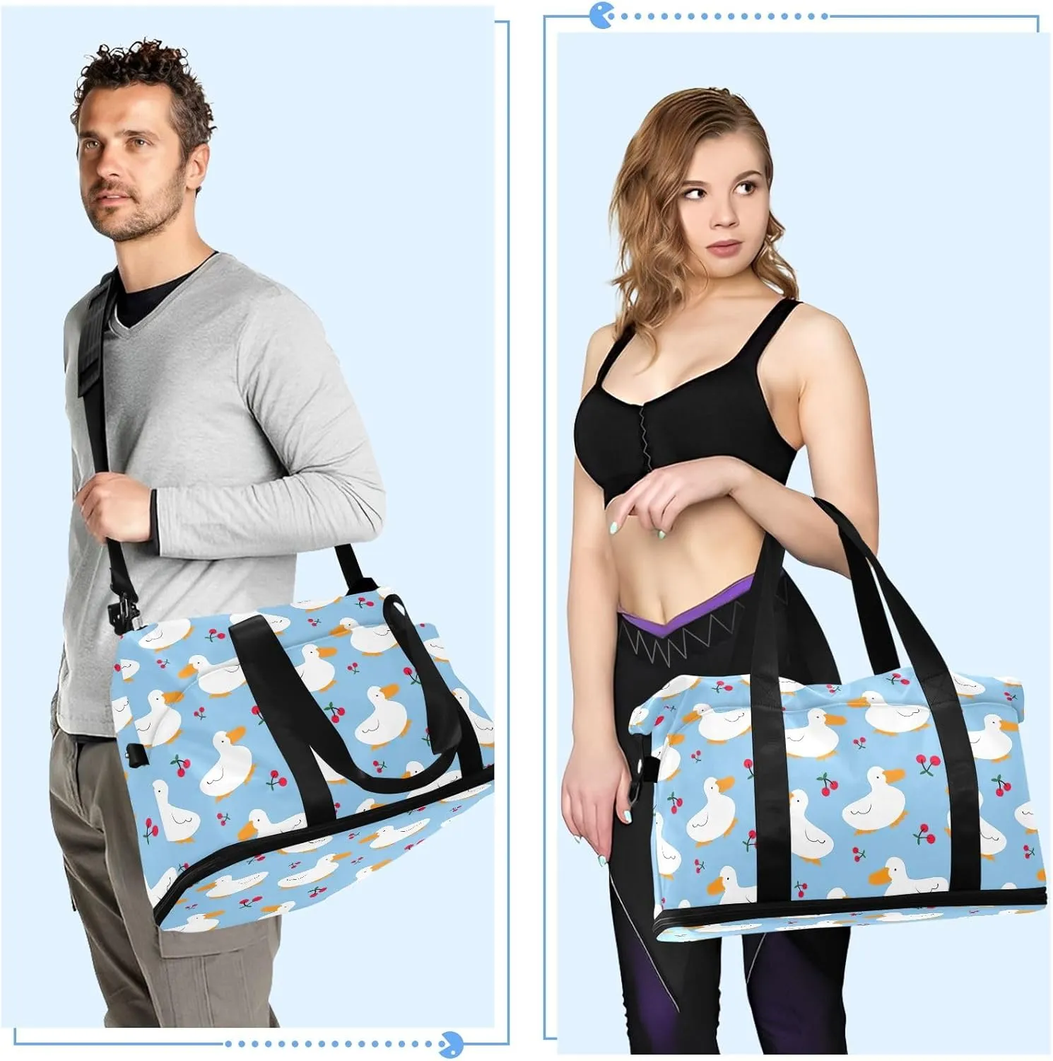 Cartoon Duck Cherry Design Travel Duffle Bag Waterproof Gym Duffel Bag, Weekender Bags for Women with Dry and Wet Separation