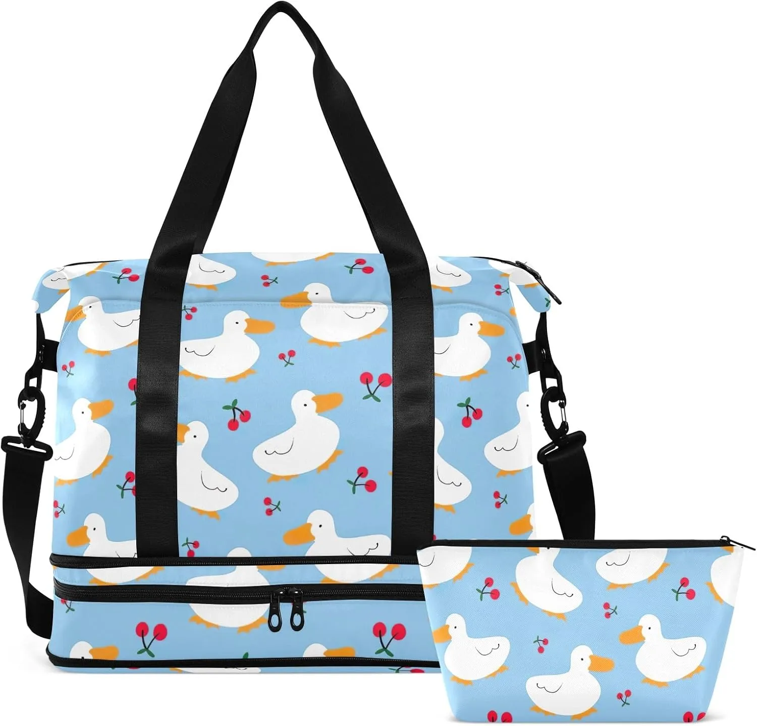 Cartoon Duck Cherry Design Travel Duffle Bag Waterproof Gym Duffel Bag, Weekender Bags for Women with Dry and Wet Separation