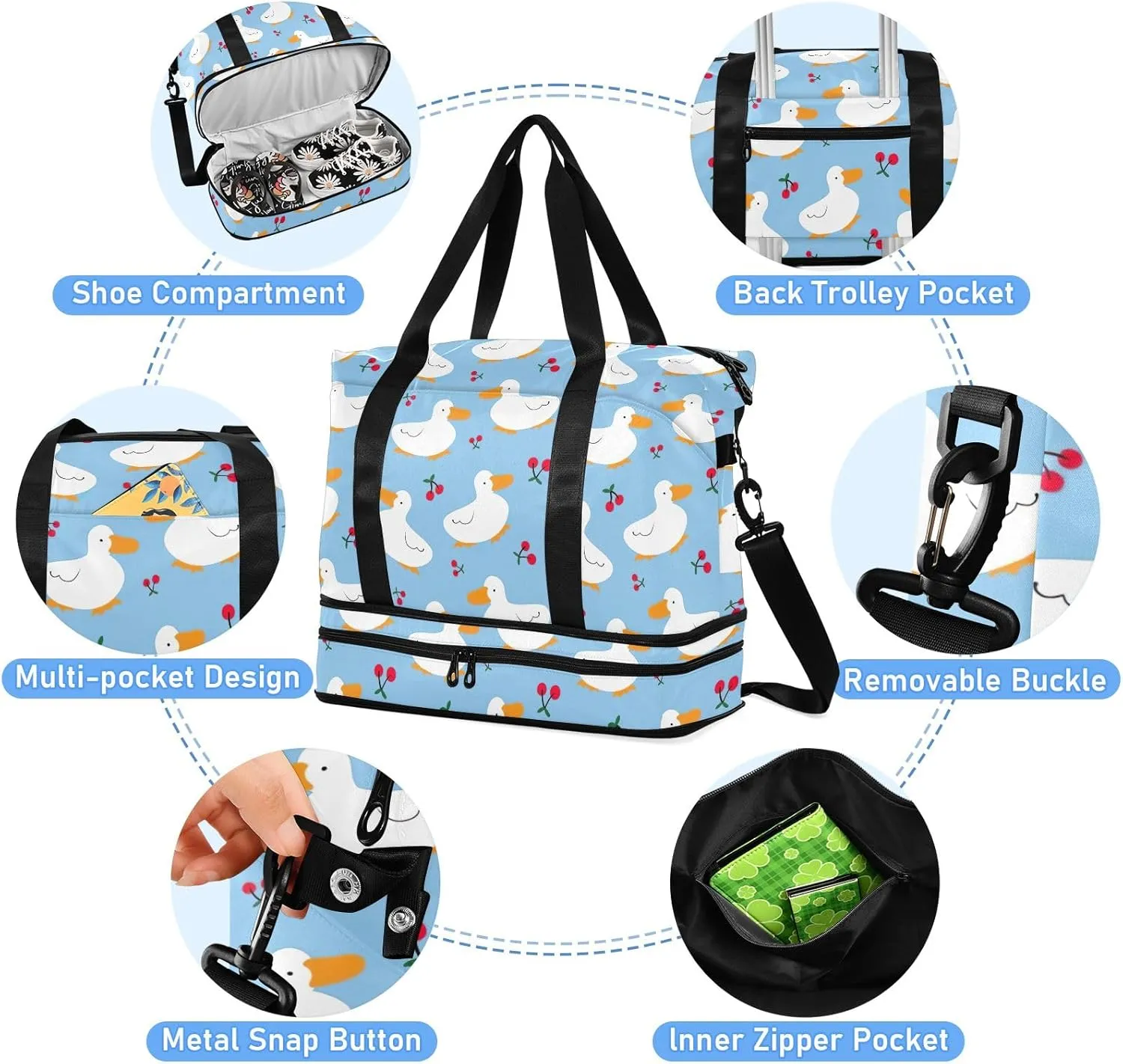 Cartoon Duck Cherry Design Travel Duffle Bag Waterproof Gym Duffel Bag, Weekender Bags for Women with Dry and Wet Separation