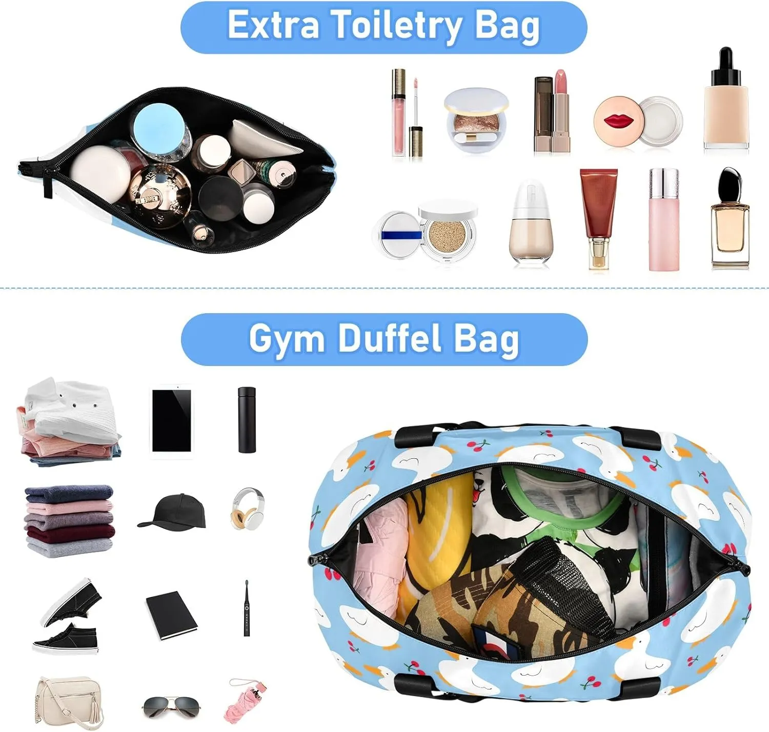 Cartoon Duck Cherry Design Travel Duffle Bag Waterproof Gym Duffel Bag, Weekender Bags for Women with Dry and Wet Separation