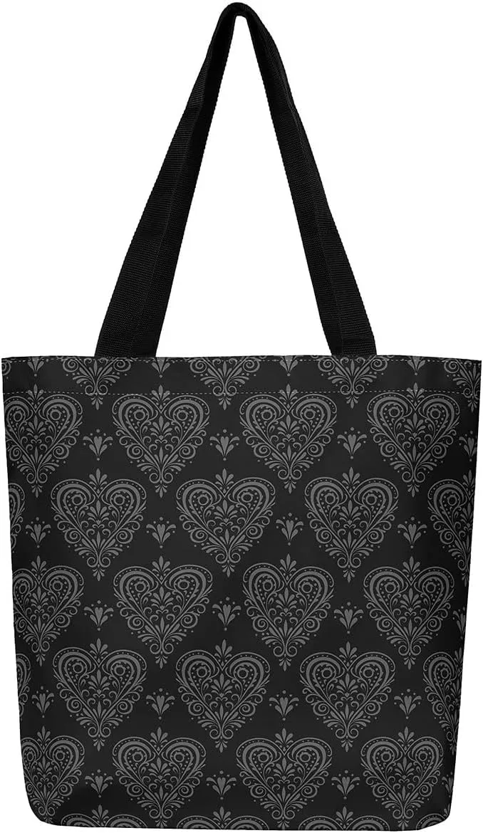 Castle Fairy Bat Pumpkin Lantern Reusable Grocery Handbag,Gothic Black White Halloween Canvas Tote Bag