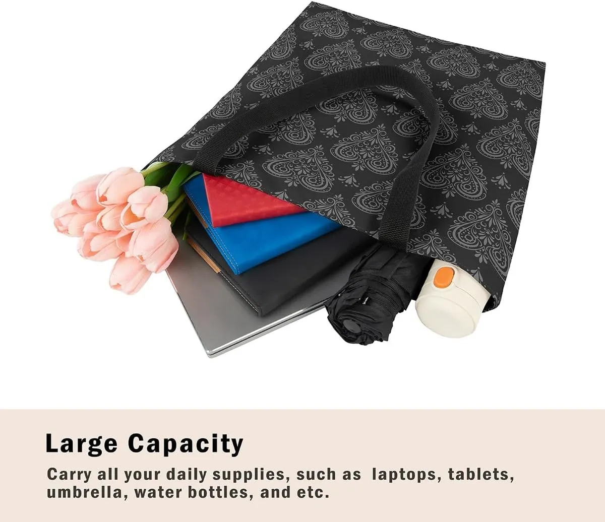 Castle Fairy Bat Pumpkin Lantern Reusable Grocery Handbag,Gothic Black White Halloween Canvas Tote Bag