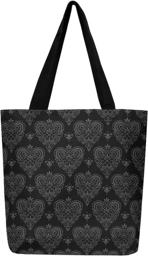 Castle Fairy Bat Pumpkin Lantern Reusable Grocery Handbag,Gothic Black White Halloween Canvas Tote Bag