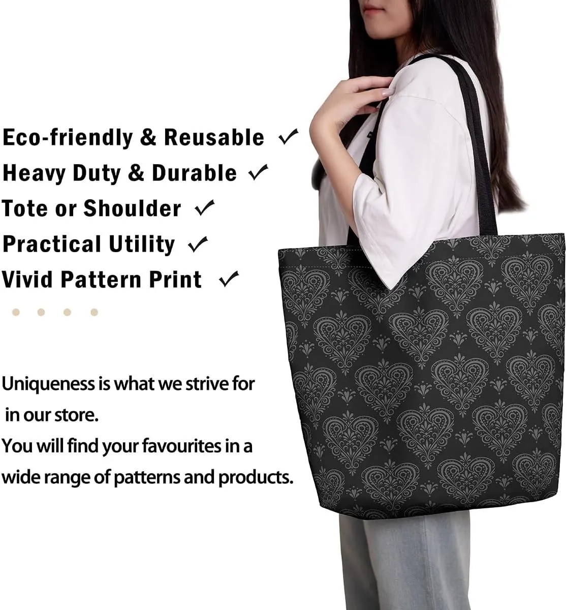 Castle Fairy Bat Pumpkin Lantern Reusable Grocery Handbag,Gothic Black White Halloween Canvas Tote Bag