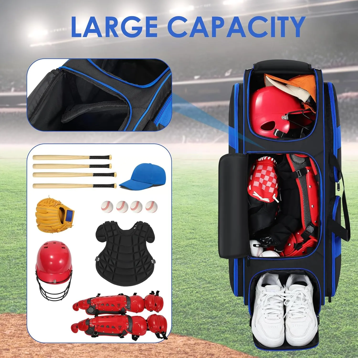 Catchers Gear Bag with Wheels, Soft Rolling Baseball Bag with Separate Shoe Compartment, Large Capacity Multi-space Baseball Bags, Portable Softball Bag for Men Women