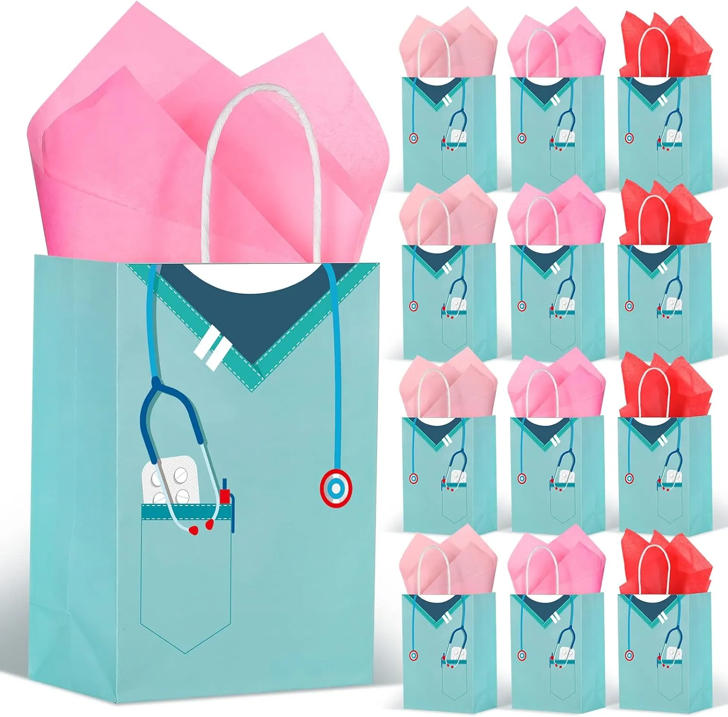 Censen 30 Pcs Nurse Gifts Bag Medical Assistant Gifts Bags Thank You Doctor Paper Goodie Bags with Handles for Healthcare Workers Back to School Party Nurse Appreciation Workers' Day Supplie (Fresh)