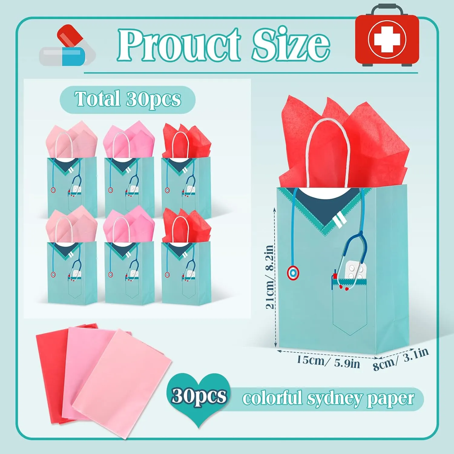 Censen 30 Pcs Nurse Gifts Bag Medical Assistant Gifts Bags Thank You Doctor Paper Goodie Bags with Handles for Healthcare Workers Back to School Party Nurse Appreciation Workers' Day Supplie (Fresh)