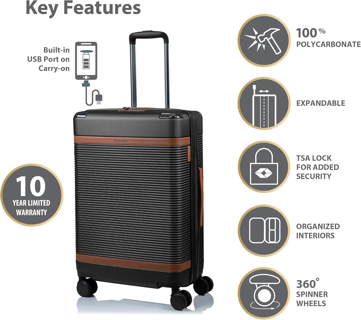 CHAMPS 'VINTAGE III COLLECTION' 3-PIECE EXPANDABLE HARDSIDE SPINNER LUGGAGE SET WITH USB PORT (BLACK)