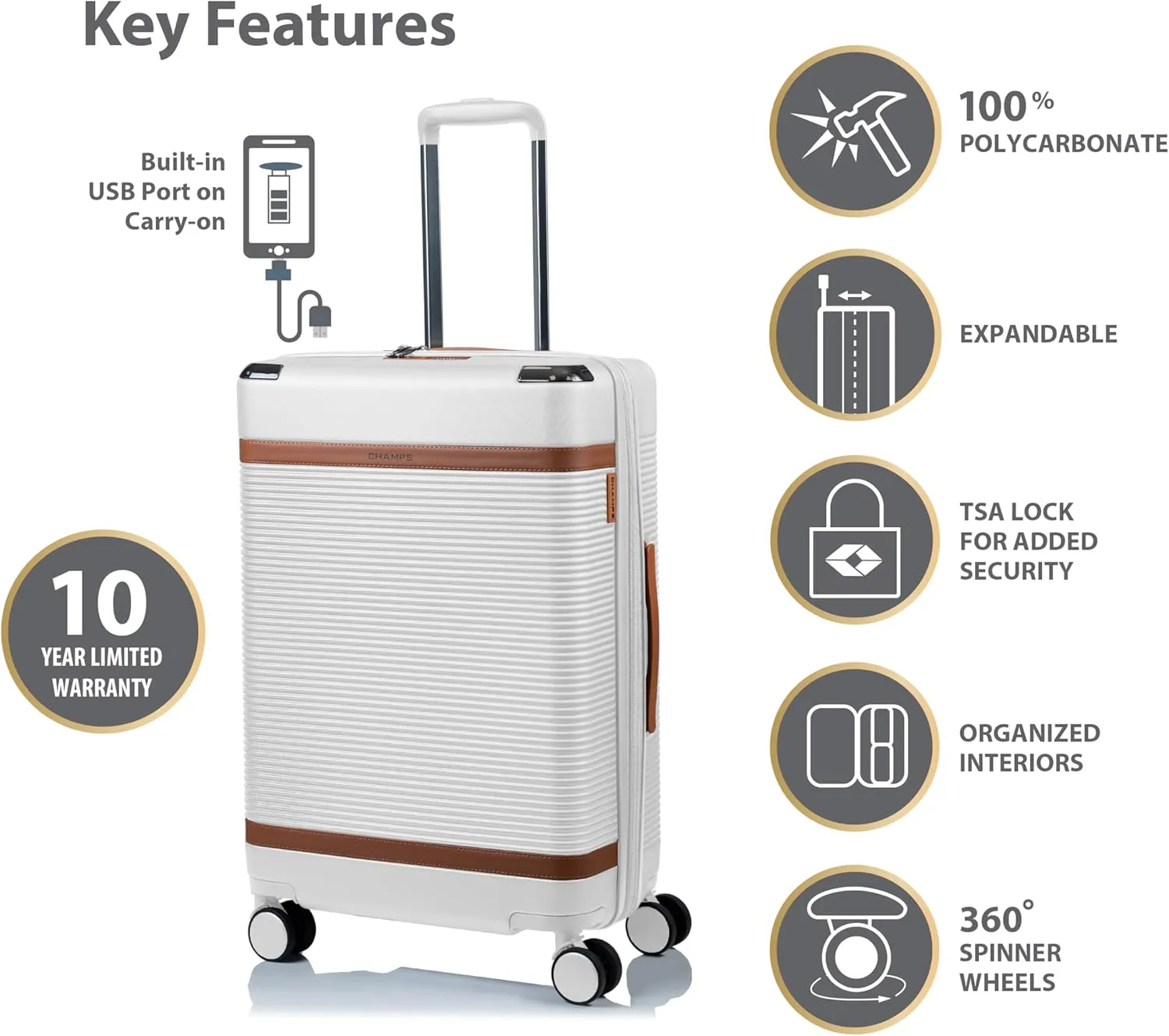 CHAMPS 'VINTAGE III COLLECTION' 3-PIECE EXPANDABLE HARDSIDE SPINNER LUGGAGE SET WITH USB PORT (IVORY)
