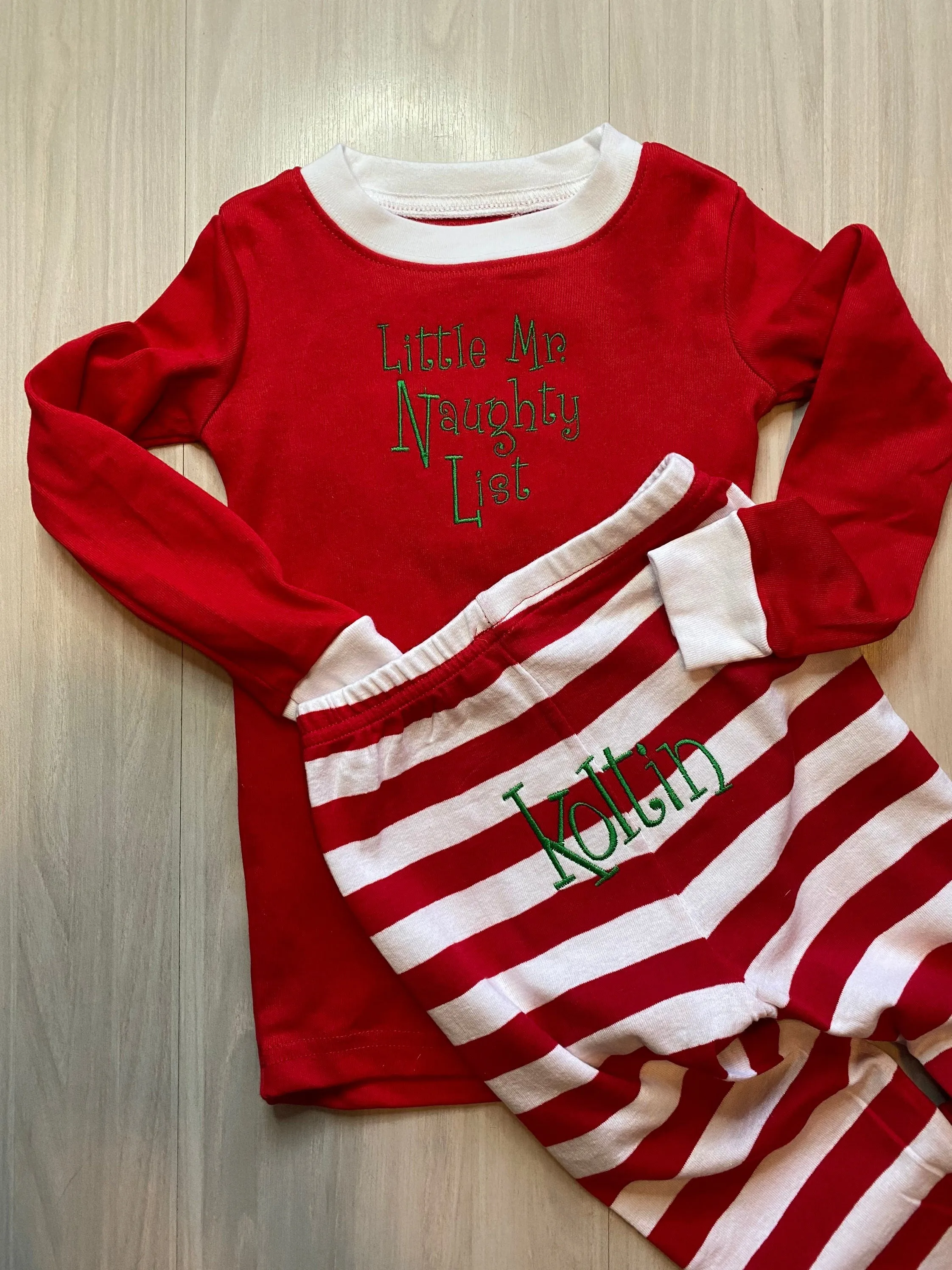 Christmas pajamas childrens kids boys girls Naughty List Nice List Custom Personalized Embroidered name funny cute striped humerous silly