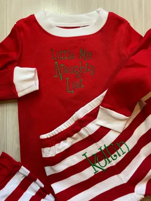 Christmas pajamas childrens kids boys girls Naughty List Nice List Custom Personalized Embroidered name funny cute striped humerous silly